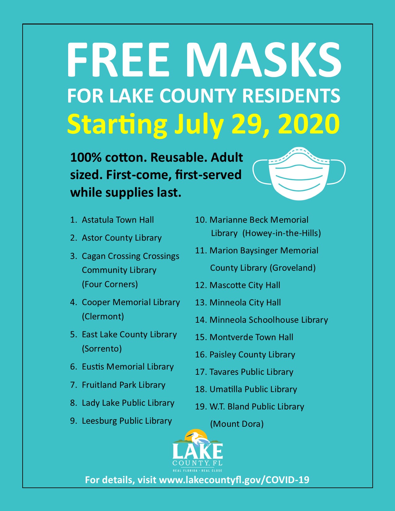 Free masks for Lake County residents. Mask. Bird.