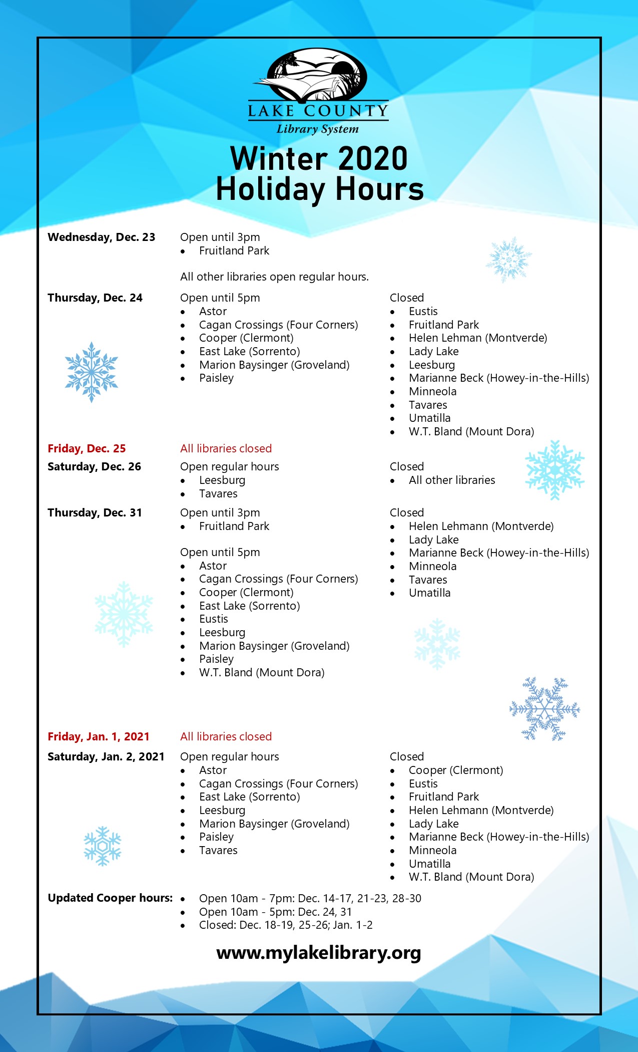 Winter 2020 holiday hours