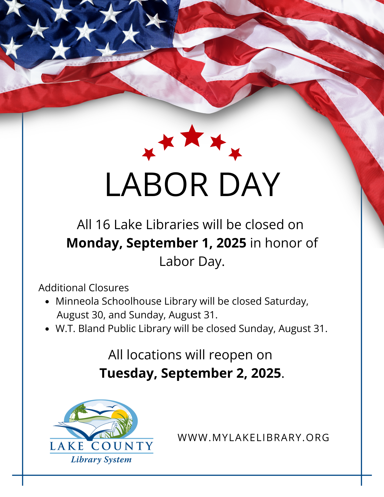 News Release: Libraries Closed for Labor Day - Monday, September 1